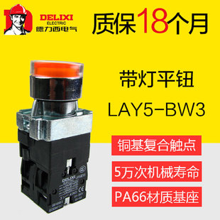 德力西带灯按钮开关LAY5s-BW3红色金属LED 平钮1常开1常闭220V24V