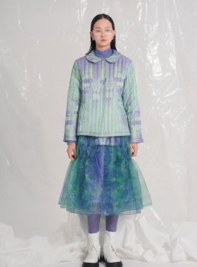 ODD PAGES 紫色独家印花 竖绗缝娃娃领棉服外套冬季