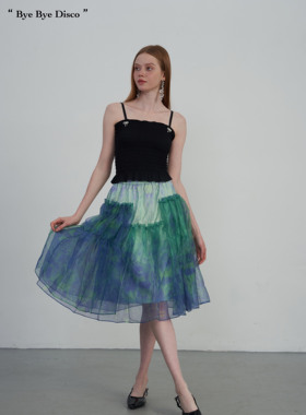 清仓！ODD PAGES紫绿色欧根纱印花细闪少女蓬蓬裙海边半身裙