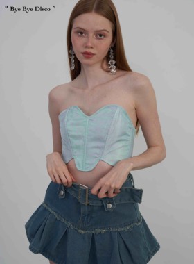 清仓！ODDPAGES春夏蓝色印花水光纱面鱼骨外穿抹胸背心设计感上衣