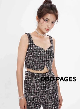 ODD PAGES 粗花呢后背交叉绑带短款修身背心抹胸上衣