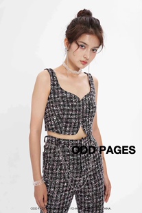 ODD PAGES 粗花呢后背交叉绑带短款修身背心抹胸上衣