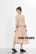 清仓！ODDPAGES 肌理拼接小抽褶半身裙少女浅卡其色a字裙