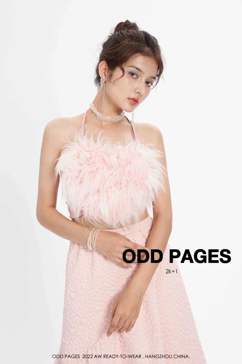 ODD PAGES 2023早春粉色皮草爱心系带抹胸少女上衣短款露背挂脖,女装/女士精品,背心吊带,淘宝优惠券,粉丝福利购,淘宝优惠卷