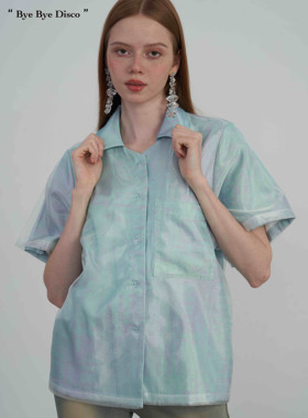 清仓！ODDPAGES男女同款国潮印花蓝色粉色拼接水光纱衬衫潮款情侣