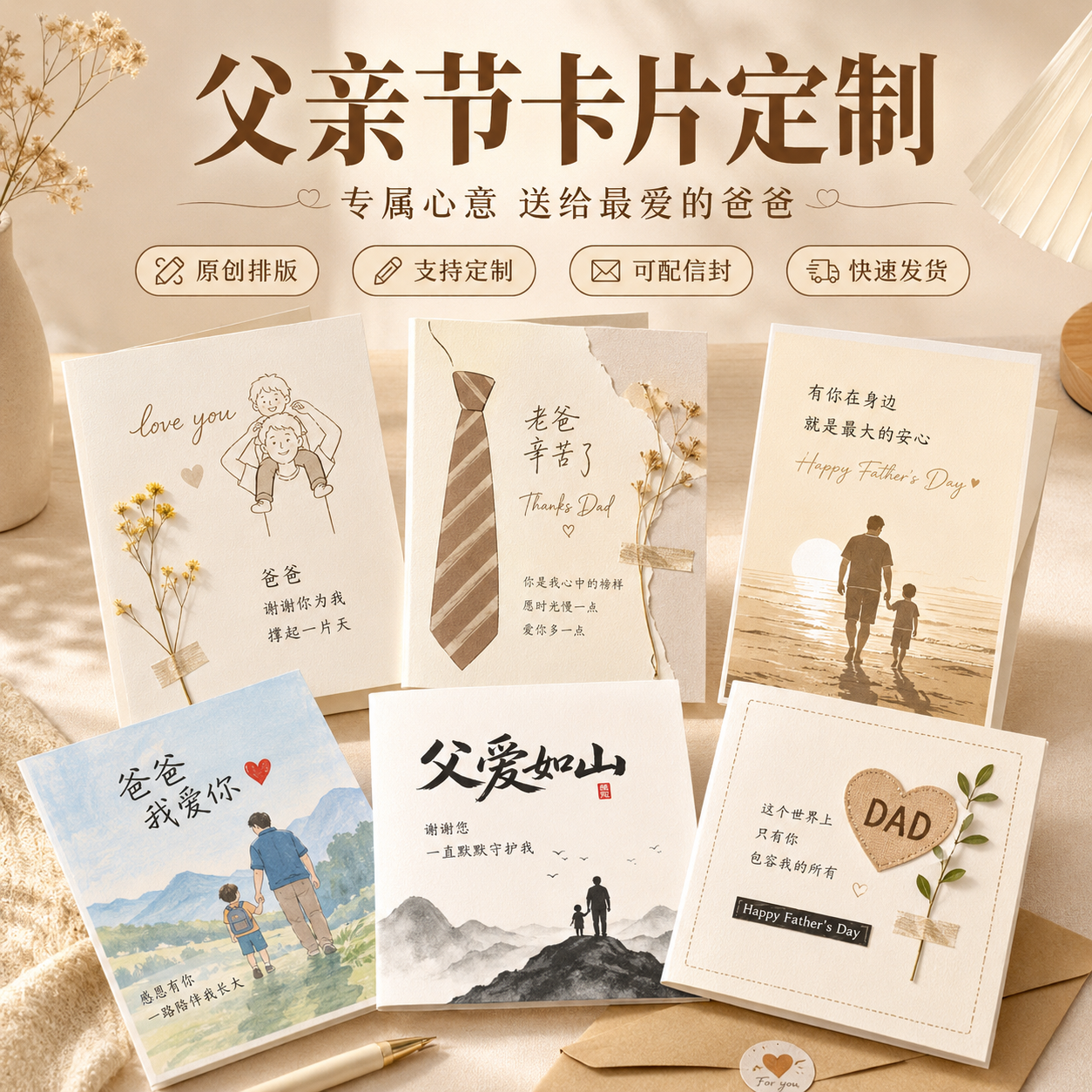 父亲节贺卡定制明信片寄语卡片简约风可配信封单面可手写礼物祝福留言