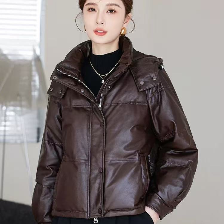 高端可拆卸帽白鹅绒真皮羽绒服女