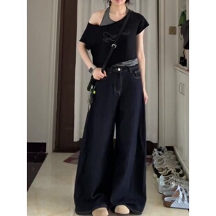 复古港风阔腿牛仔裤 女夏季 新款 深蓝色高腰宽松显瘦百搭直筒拖地裤