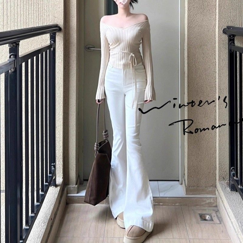 韩式少女风白色牛仔裤女秋季新款学生百搭宽松慵懒低腰垂感微喇裤