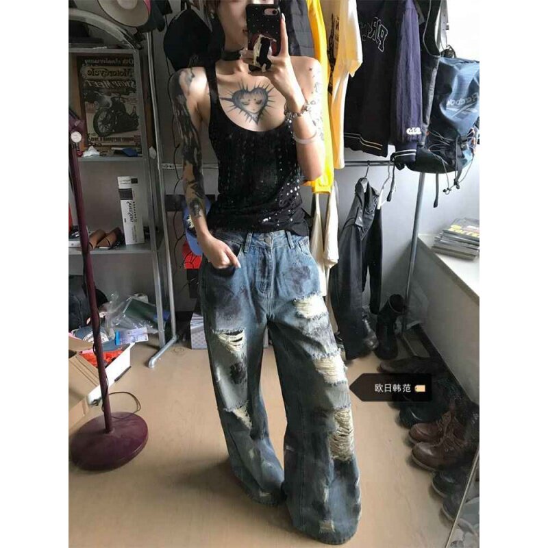 复古做旧牛仔裤女秋季新款学生休闲百搭高腰宽松显瘦拖地乞丐长裤