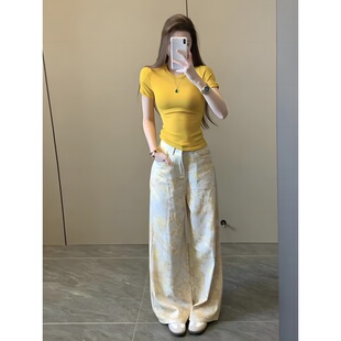 复古港风扎染印花牛仔长裤 女夏季 新款 辣妹百搭高腰显瘦阔腿拖地裤