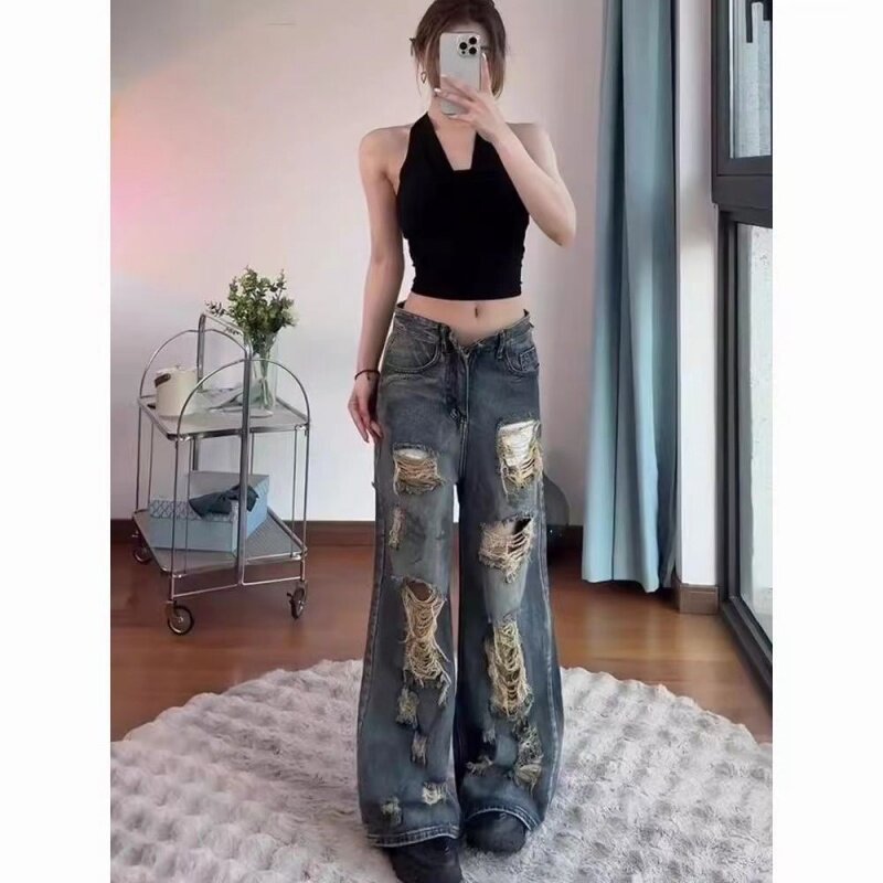 韩版ins复古破洞牛仔裤女秋季新款辣妹百搭宽松垂坠感显瘦阔腿裤