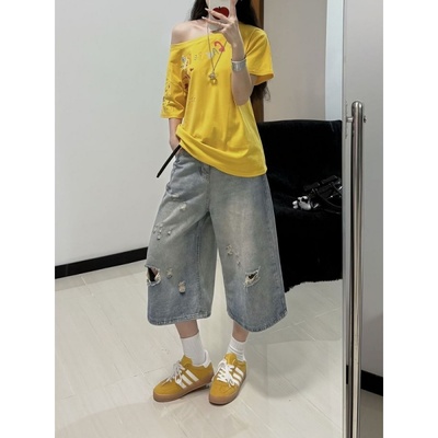 韩式少女风做旧牛仔七分裤女夏季