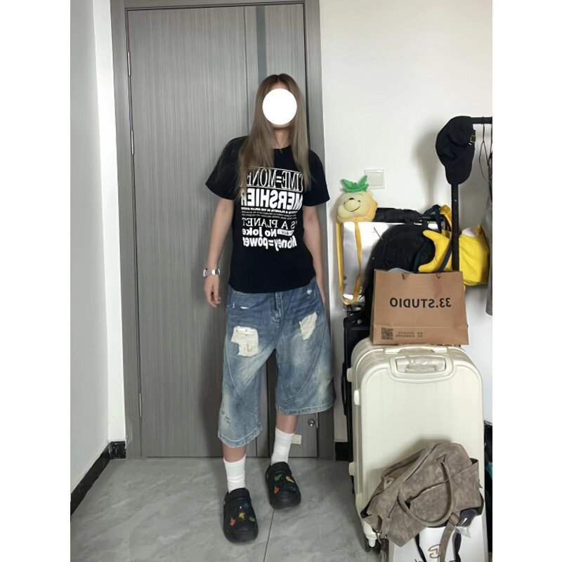 韩版ins复古牛仔七分裤女夏季新款设计感印花宽松显瘦高腰阔腿裤