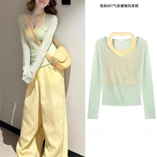 薄纱上衣女防晒多巴胺吊带两件套装 薄荷绿色夏日轻薄罩衫 初夏穿搭