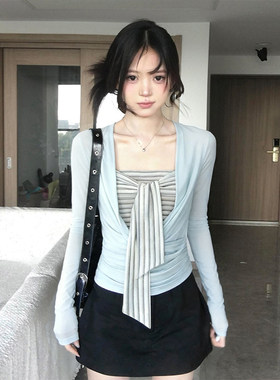 韩系荡领长袖罩衫两件套女早春绑带条纹抹胸背心收腰显瘦辣妹上衣