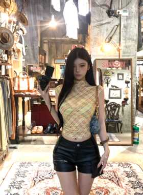 复古黄色格子半高领短袖T恤女夏季修身显瘦美式辣妹露脐短款上衣