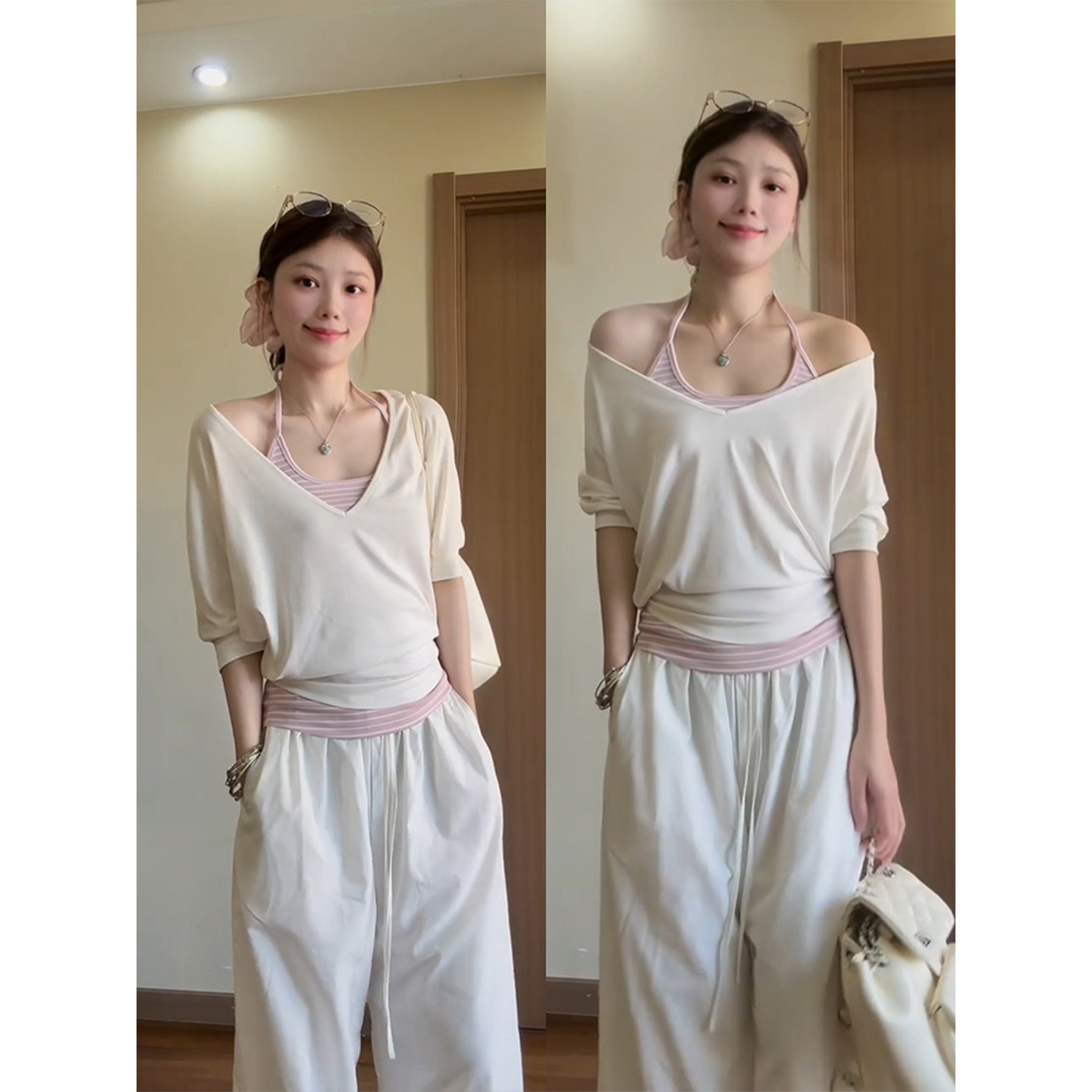 白色V领短袖t恤女夏季2026新款罩衫条纹吊带背心两件套装中袖上衣