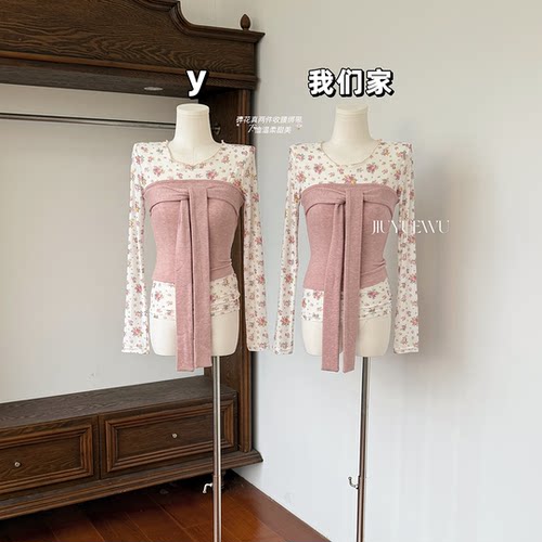 真两件收腰绑带T恤女显瘦上衣