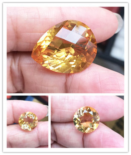 大颗粒格子面水滴形天然黄水晶裸石圆形戒面18K金925银镶嵌吊坠女