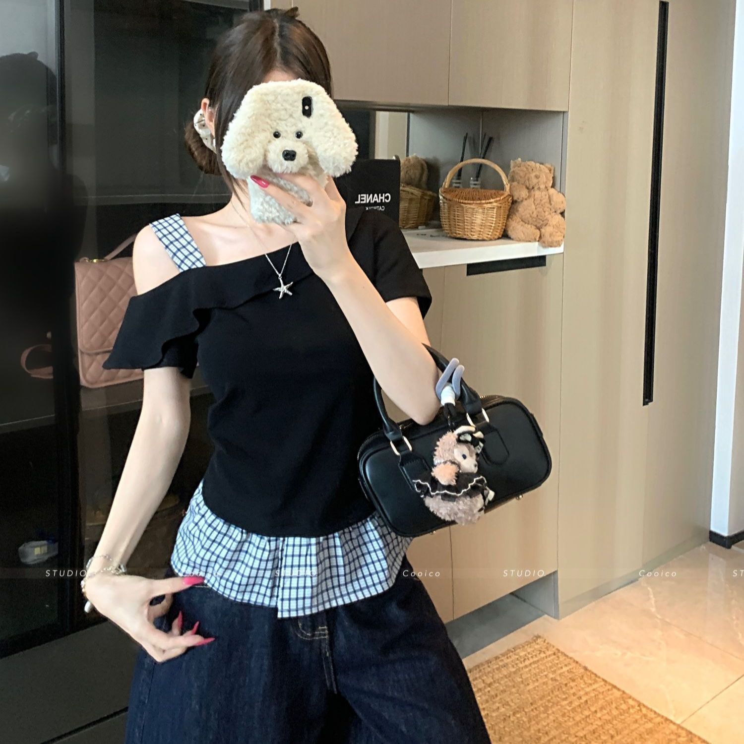 大码胖mm露肩拼接短袖t恤女设计感夏季2025新款褶皱收腰斜肩上衣