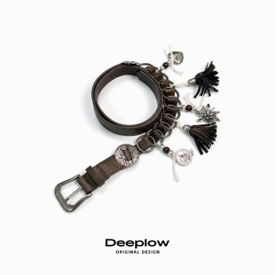 Deeplow原创西部民族风流苏圆环挂饰腰带做旧扣头皮质皮带服饰酷