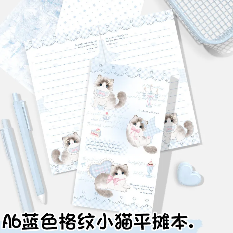 a6平摊本蓝色格纹小猫日韩卡通手账本随身记事本子可撕彩页笔记本
