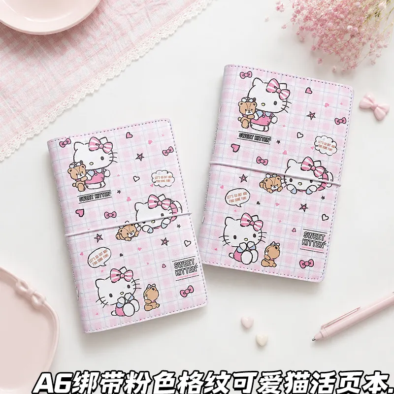 新款粉色格纹可爱猫绑带活页本a6手账本便携笔记本卡通彩页记事本