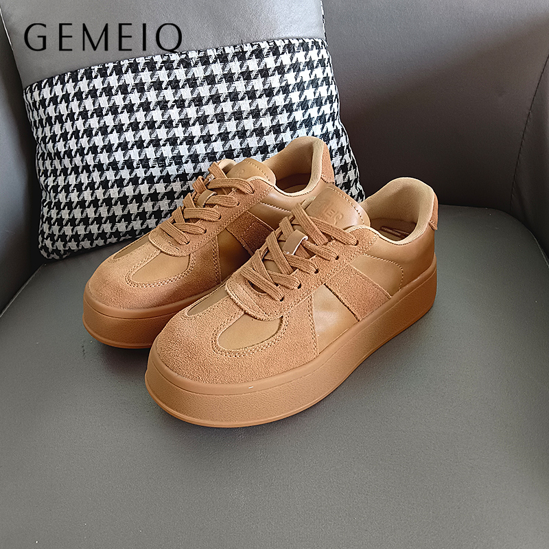 戈美其厚底增高女鞋耐磨真皮运动休闲鞋舒适板鞋春秋深色系带单鞋