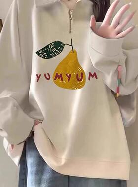 秋冬季Polo领松弛感穿搭卫衣女款胖mm大码加绒宽松半拉链外套上衣