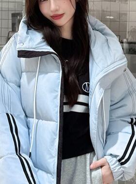 实拍羽绒棉服女冬2026韩版新款撞色条纹棉衣宽松加厚潮牌棉袄外套