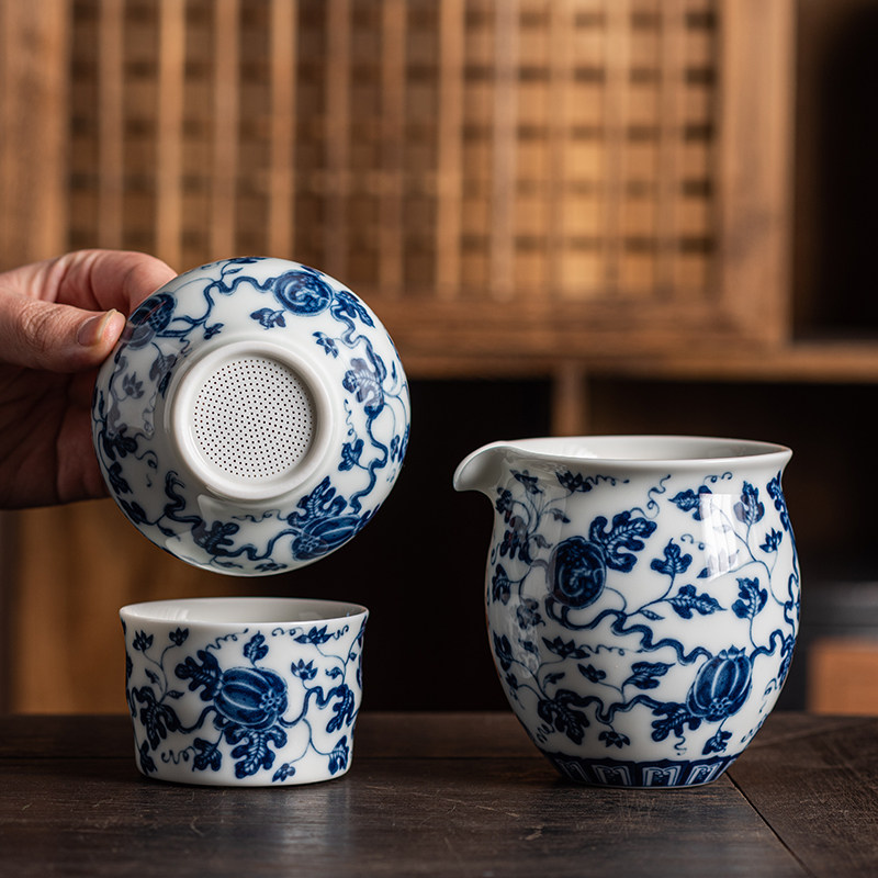 青花瓷茶滤全瓷过滤网景德镇茶隔陶瓷盖碗功夫茶具茶漏公道杯一体