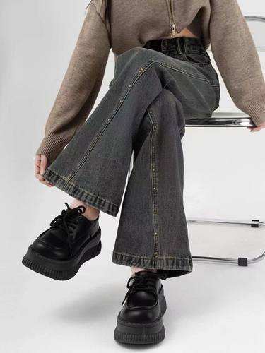 春季胖mm大码高腰微喇阔腿牛仔裤