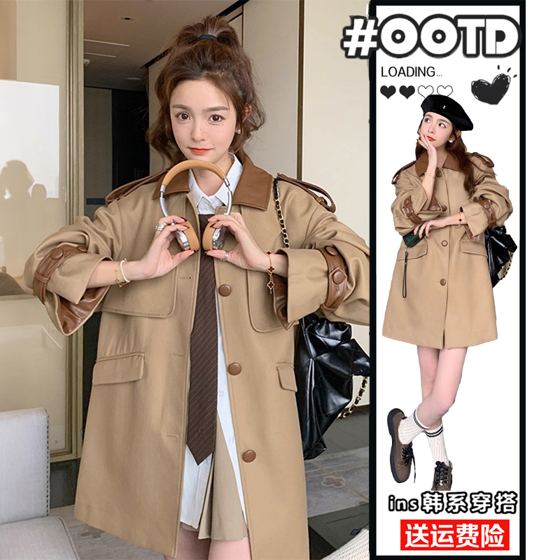 特大码英伦风卡其色拼接风衣外套