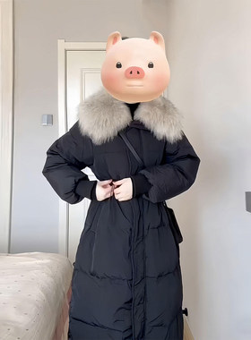 大码女装胖mm新款黑色长款棉服女高级感百搭毛领收腰保暖棉衣外套