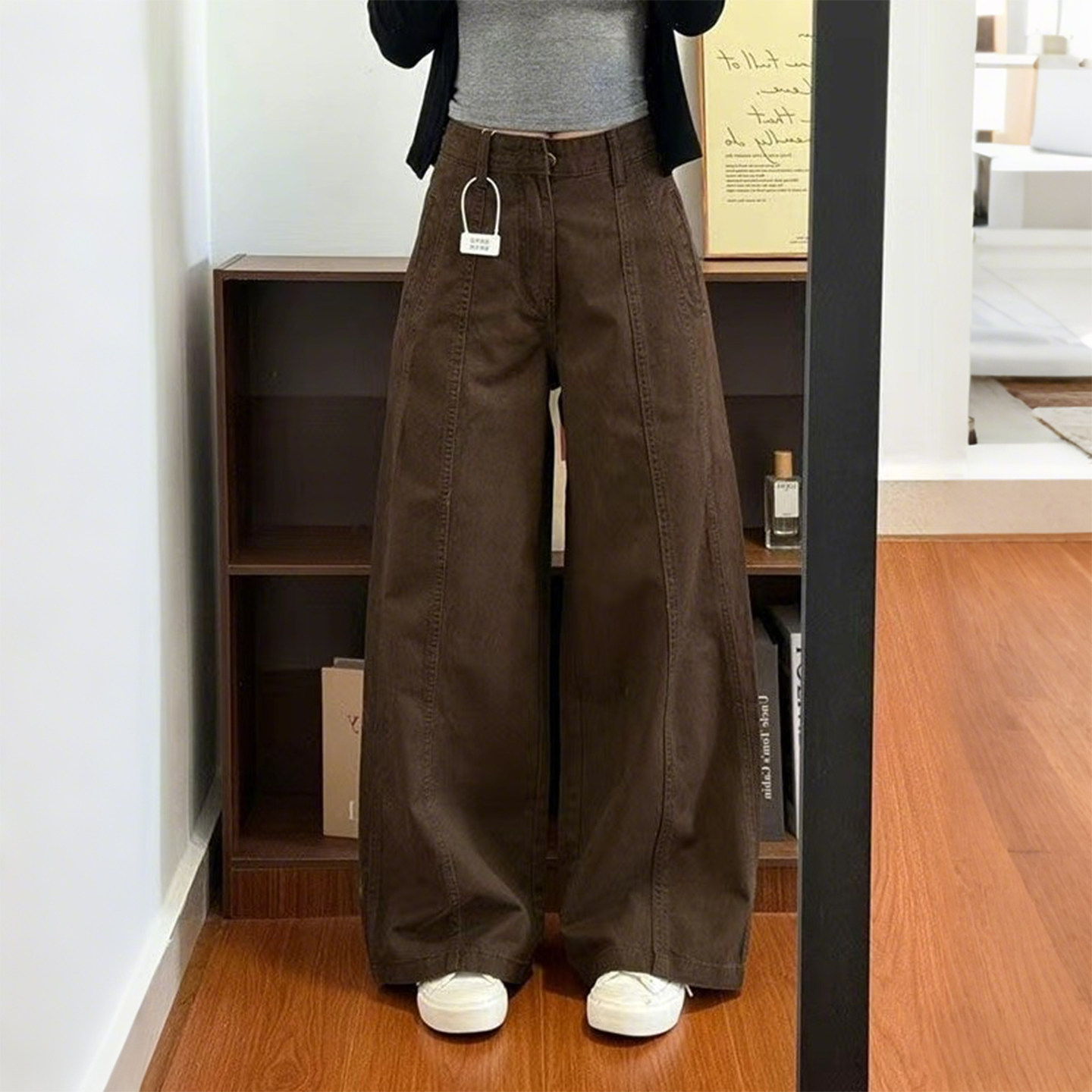 特大码女装胖mm美式风阔腿牛仔裤女咖色宽松高腰显瘦百搭复古长裤,女装/女士精品,大码裤装,淘宝优惠券,粉丝福利购,淘宝优惠卷