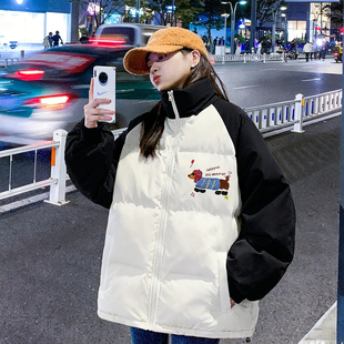 300斤胖mm大码 卡通风撞色立领棉服女宽松加厚保暖面包服外套 女装