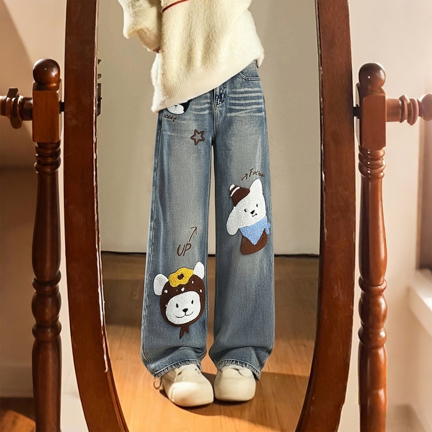 大码女装胖mm美式卡通风小狗贴布牛仔裤女高腰显瘦百搭直筒阔腿裤,女装/女士精品,大码裤装,淘宝优惠券,粉丝福利购,淘宝优惠卷