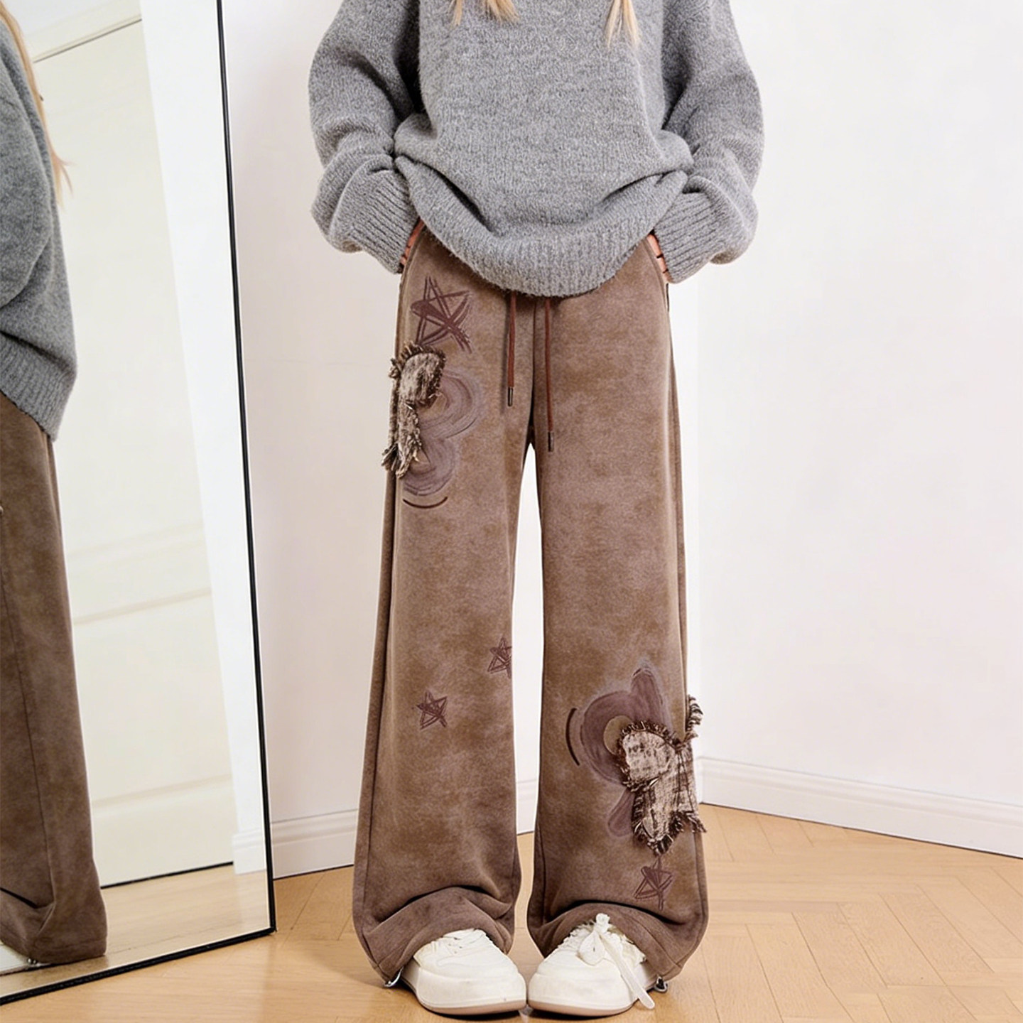 特大码女装胖mm梨型身材刺绣贴布阔腿裤女高腰显瘦百搭休闲直筒裤,女装/女士精品,大码裤装,淘宝优惠券,粉丝福利购,淘宝优惠卷