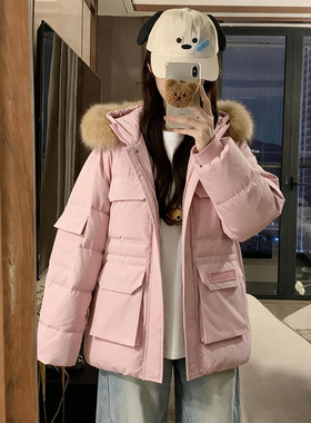 特大码韩版工装风连帽大毛领棉服