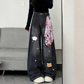 女高腰显瘦百搭直筒裤 胖mm复古水洗卡通刺绣阔腿牛仔裤 潮 女装 大码