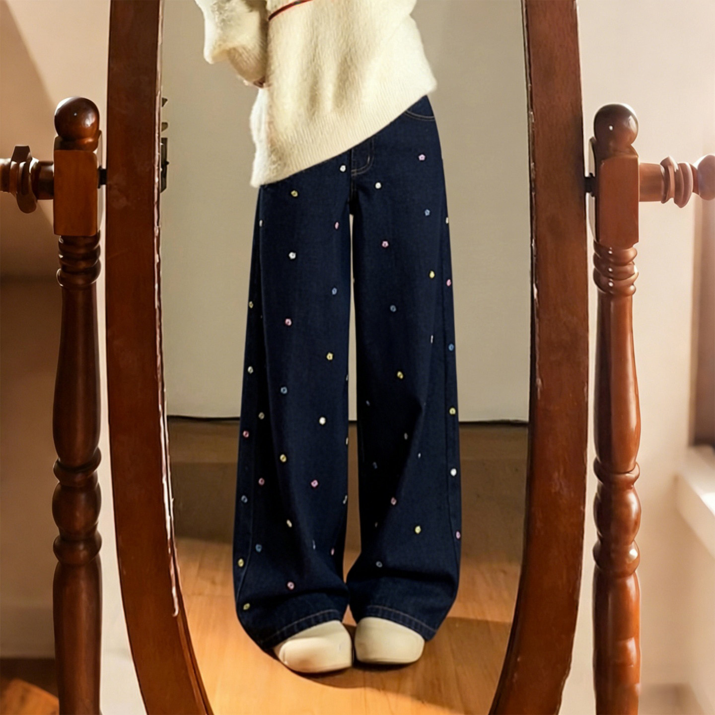 大码女装胖mm复古彩色波点刺绣牛仔阔腿裤女高腰宽松显瘦直筒长裤