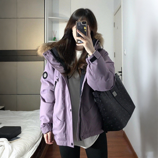 棉袄外套 胖mm韩系百搭派克棉服女连帽毛领加厚保暖工装 特大码 女装