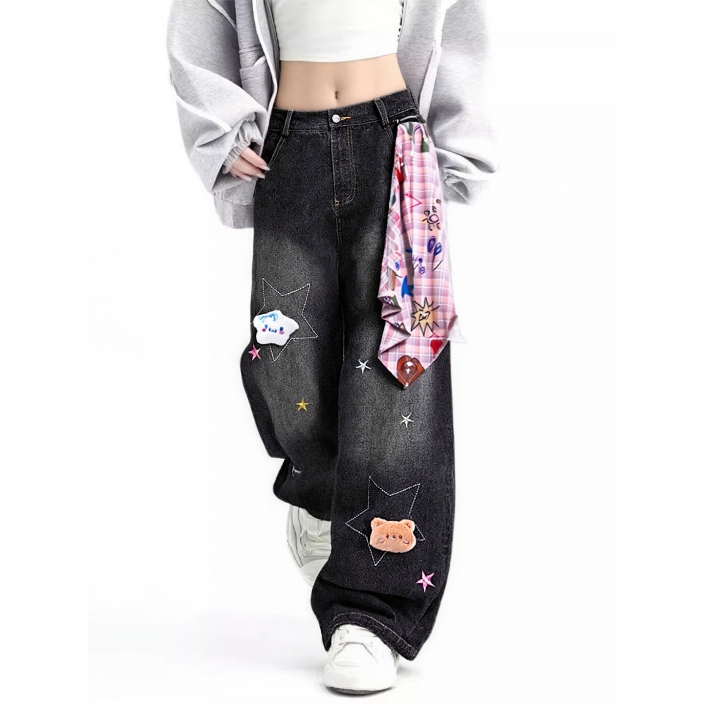 特大码女装胖mm复古加绒寄回阔腿牛仔裤女高腰显瘦设计感直筒裤潮