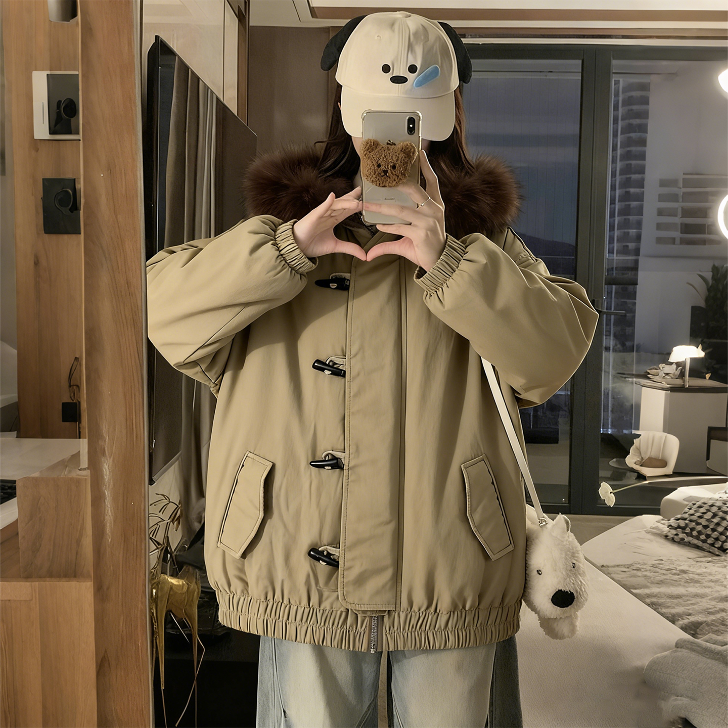 特大码女装卡其色毛领棉服外套