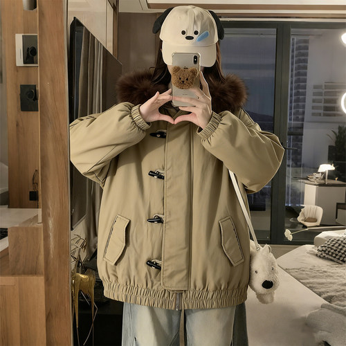 特大码女装卡其色毛领棉服外套