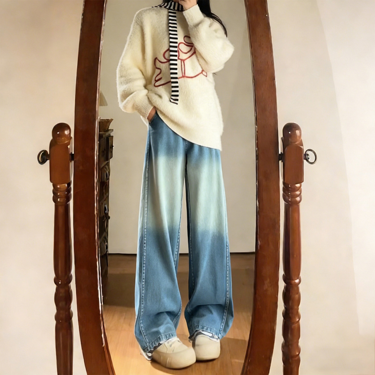 大码女装胖mm设计感百搭渐变牛仔裤女高腰显瘦慵懒风直筒阔腿裤潮,女装/女士精品,大码裤装,淘宝优惠券,粉丝福利购,淘宝优惠卷