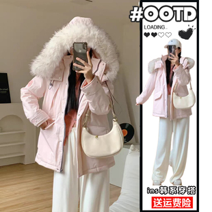 300斤大码女装胖mm粉色学院风连帽棉服女冬季宽松加厚工装派克服