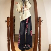 大码 女梨型高腰显瘦直筒裤 女装 胖mm设计感绑带格子拼接阔腿牛仔裤