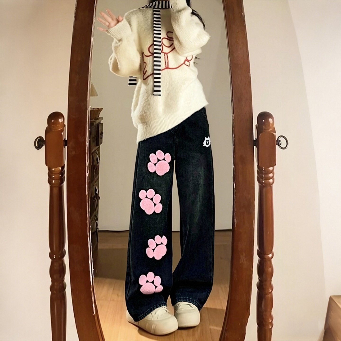 特大码女装胖mm甜美可爱猫爪刺绣阔腿牛仔裤女高腰显瘦宽松直筒裤,女装/女士精品,大码裤装,淘宝优惠券,粉丝福利购,淘宝优惠卷